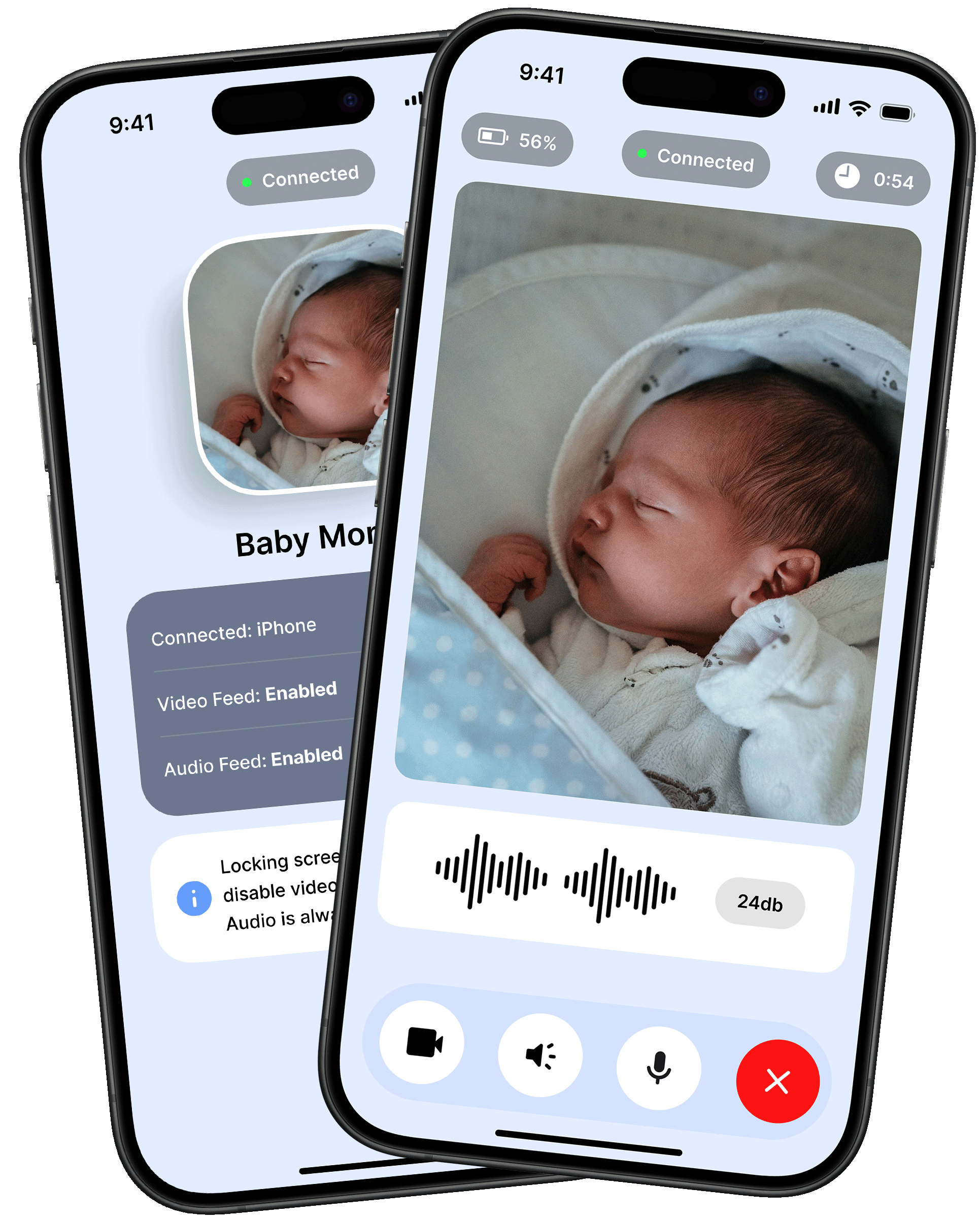 Baby Monitor Bella - Audio and Video Camera. A mobile app that lets you connect two devices (iPhones) and create a baby monitor.